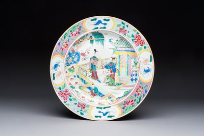 A fine Chinese famille rose dish with ladies and boys near a pagoda, Yongzheng