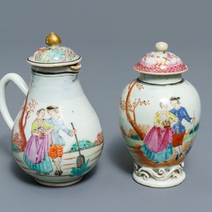 A fine Chinese famille rose 'European subject' milk jug and tea caddy, Qianlong — 照片 1