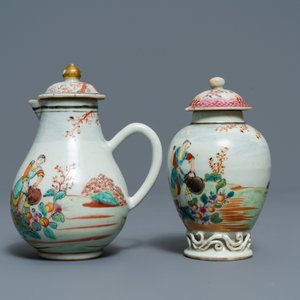 A fine Chinese famille rose 'European subject' milk jug and tea caddy, Qianlong — 照片 4