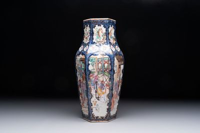 A fine Chinese famille rose gilt-decorated hexagonal vase with mandarin design, Qianlong