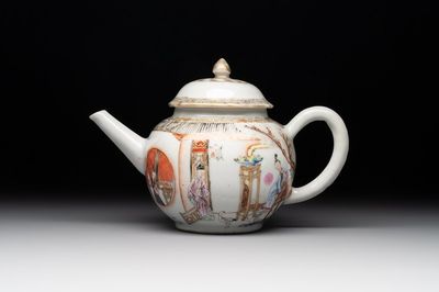 A fine Chinese famille rose gilt-decorated teapot and cover with figural design, Yongzheng
