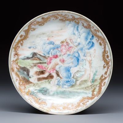 A fine Chinese famille rose mythological subject 'Arethusa, Alpheus and Diana' saucer, Qianlong, ca. 1745