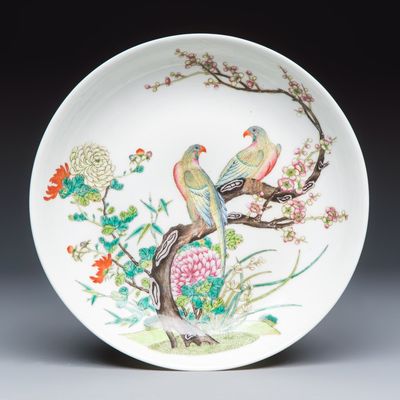 A fine Chinese famille rose 'Pair of Birds among Flowering Branches' plate, Guangxu mark, Republic