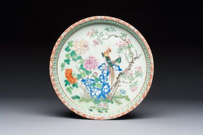 A fine Chinese famille rose pale celadon-ground 'phoenixes' dish with a reticulated rim, Qianlong