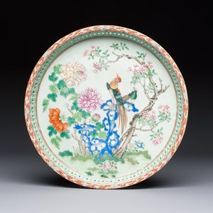 A fine Chinese famille rose pale celadon-ground 'phoenixes' dish with a reticulated rim, Qianlong — photo 1