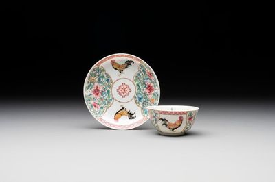 A fine Chinese famille rose 'rooster' cup and saucer, Yongzheng