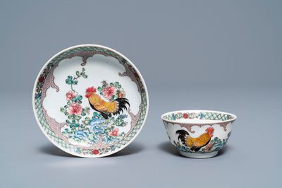 A fine Chinese famille rose 'rooster' eggshell cup and saucer, Yongzheng