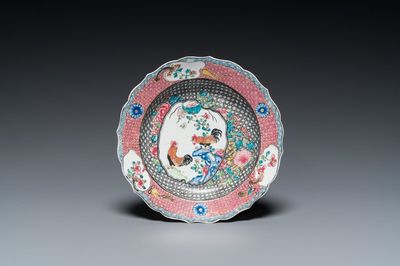 A fine Chinese famille rose 'roosters' plate, Yongzheng