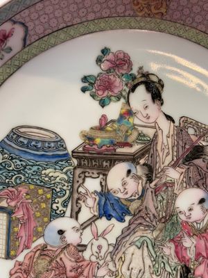 A fine Chinese famille rose ruby-back 'lady and boys' eggshell plate, Yongzheng — photo 3