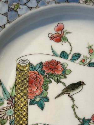 A fine Chinese famille rose 'ruby back' plate with a bird on a blossoming branch, Yongzheng — photo 3