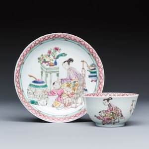 A fine Chinese famille rose 'San Niang Jiao Zi 三娘教子' tea bowl and saucer — 照片 1
