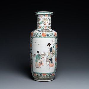 A fine Chinese famille verte rouleau vase, Kangxi — 照片 1
