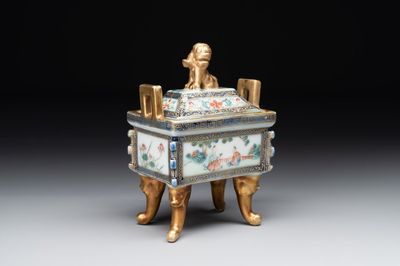 A fine Chinese gilt-decorated blue, white and famille rose covered censer, Qianlong