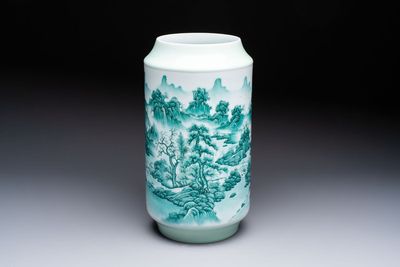 A fine Chinese green-enamelled vase with landscape design, Hui Yuan Tang Zhi 慧遠堂製 mark, dated 1943