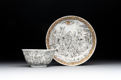 A fine Chinese grisaille and gilt '18 Luohan' cup and saucer, Yongzheng