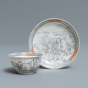 A fine Chinese grisaille cup and saucer with European noblemen, Yongzheng — photo 1