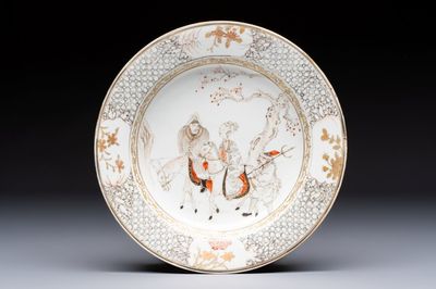A fine Chinese grisaille, iron-red and gilt-decorated 'Riders on Horseback' plate, Yongzheng