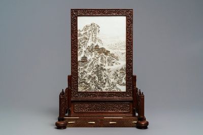 A fine Chinese grisaille 'winter landscape' plaque in a wooden table screen, Republic, 20th C.