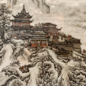 A fine Chinese grisaille 'winter landscape' plaque in a wooden table screen, Republic, 20th C. — 照片 19