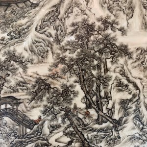 A fine Chinese grisaille 'winter landscape' plaque in a wooden table screen, Republic, 20th C. — 照片 21
