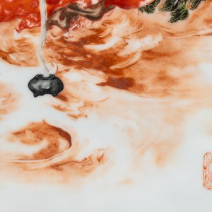A fine Chinese iron-red and grisaille 'Luohan' plaque, signed Wang Bu 王步, 20th C. — 照片 5