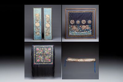 A fine Chinese kesi square 'dragon' panel and four silk embroideries with floral design, 19th C