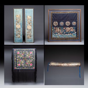A fine Chinese kesi square 'dragon' panel and four silk embroideries with floral design, 19th C — 照片 1