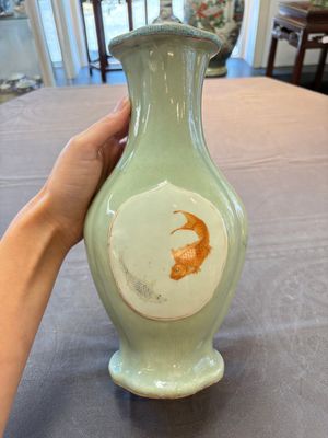 A fine Chinese polychrome celadon-ground 'carp' vase, Qianlong mark and of the period — 照片 1