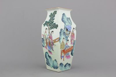 A fine Chinese porcelain famille rose tapered square vase, 19th C.