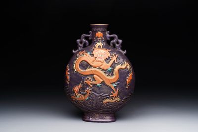 A fine Chinese purple-ground iron-red and gilt-decorated 'dragon' moonflask, Qianlong mark, Republic