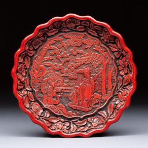 A fine Chinese red cinnabar lacquer flower-shaped 'Xi Wang Mu 西王母' dish, Ming — photo 1