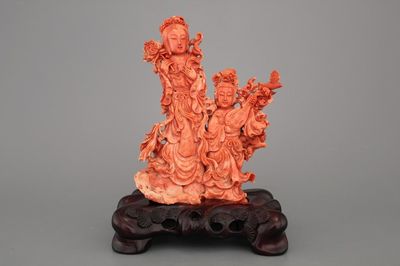 A fine Chinese red coral sculpted group of Guanyin playing the Qin, 19th C.
