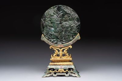 A fine Chinese spinach-green jade table screen with a gilt-cloisonné stand, Qianlong