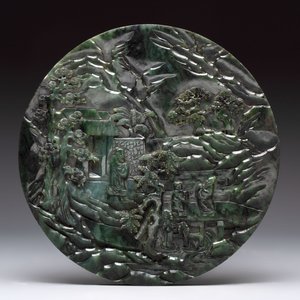 A fine Chinese spinach-green jade table screen with a gilt-cloisonné stand, Qianlong — foto 5