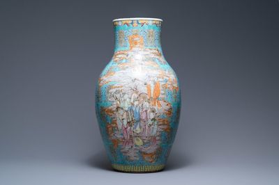 A fine Chinese turquoise-ground famille rose 'Shou' vase with immortals, Qianlong