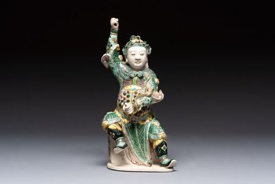 A fine Chinese verte biscuit sculpture of a warrior, 19th C.