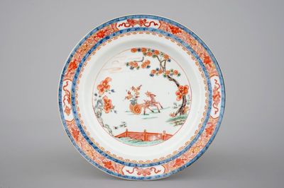 A fine Chinese verte-imari plate with a deer in a garden, Kangxi/Yongzheng, early 18th C.