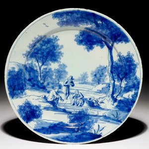 A fine Dutch Delft blue and white plate with men near a river, early 18th C. — photo 1