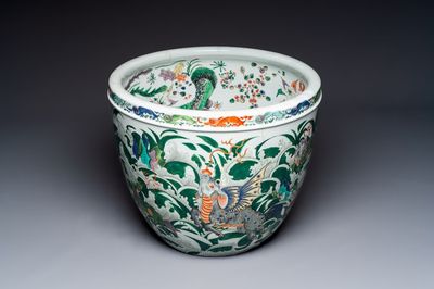 A fine famille verte-style 'Mythical Beasts and Fish' scroll pot or jardinière, Samson, Paris, 19th C.