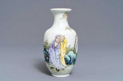 A fine fencai vase with figures in a landscape, Qianlong mark, Republic, 20th C.