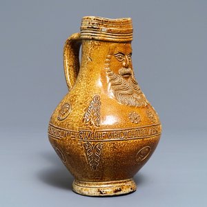 A fine German stoneware Bellarmine jug with text and portrait medallions, Frechen, ca. 1580 — photo 1