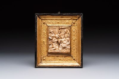 A fine gilt-heightened alabaster 'Adoration of the Magi' carving with original frame, Mechelen, 16/17th C.