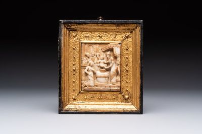 A fine gilt-heightened alabaster 'Circumcision' carving with original frame, Mechelen, 16/17th C.