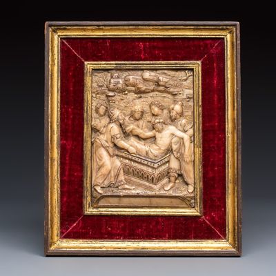 A fine gilt-heightened Malines alabaster carving with 'The Entombment of Christ', 16/17th C.