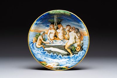 A fine Italian maiolica 'Banquet of Maritime Gods' dish, workshop of Domenico da Venezia, 3rd quarter 16th C.