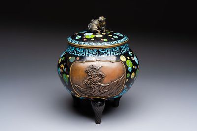 A fine Japanese cloisonné tripod censer and cover with a mythical-animal-form finial, Meiji, 19th C.