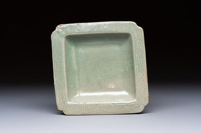 A fine Korean celadon square dish with incised floral design, Goryeo, 12th C.