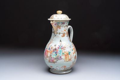 A fine large Chinese famille rose gilt-decorated 'Mandarin Subject' jug and cover, Qianlong