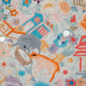 A fine large square Chinese table embroidery with mother of pearl heads, 19th C. — 照片 4