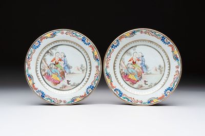 A fine pair of Chinese famille rose 'Autumn' plates with troubadours, Qianlong